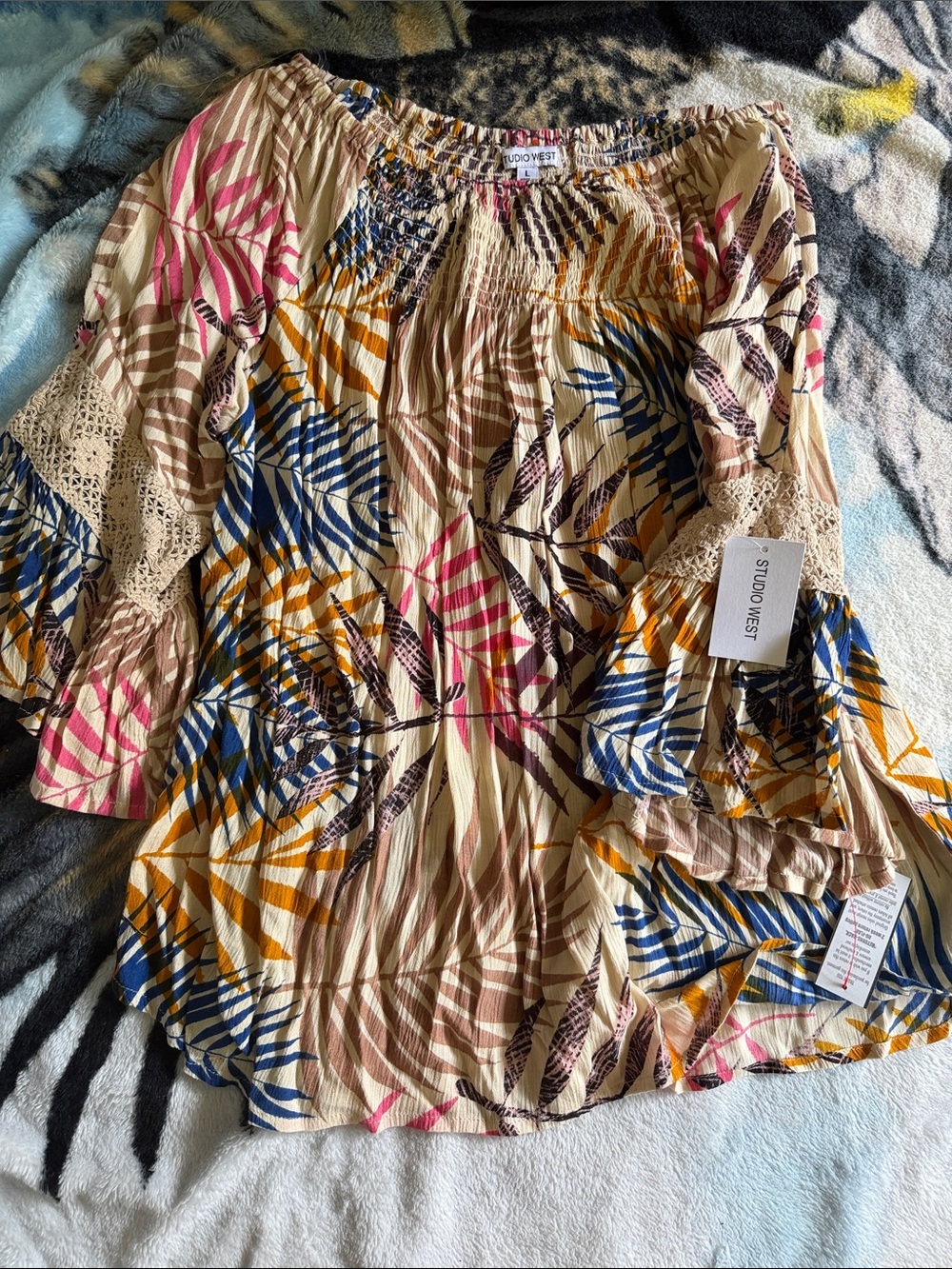 Studio West Beige Tropical Off-Shoulder Tunic with Crochet Sleeve Detail